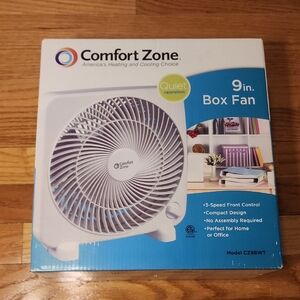 Comfort Zone 9in. Box Fan Quiet Oprration, 3-Speed Front Control